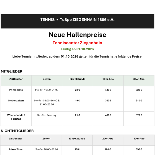 Anpassung Hallenpreise Tennis