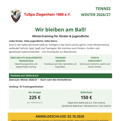 Wintertraining 2026/27 für Kinder und Jugendliche